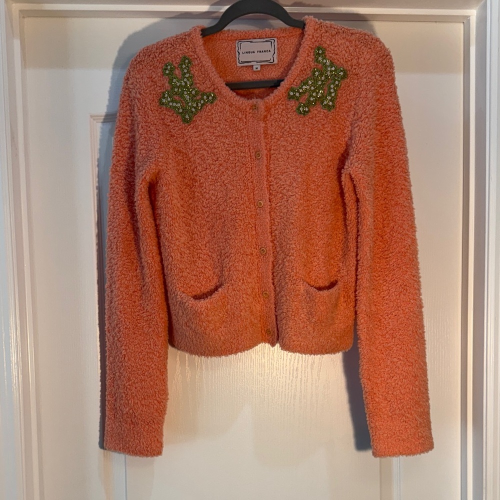 Lingua Franca Orange Coral Cardigan with Green Beaded Embellishments Size M